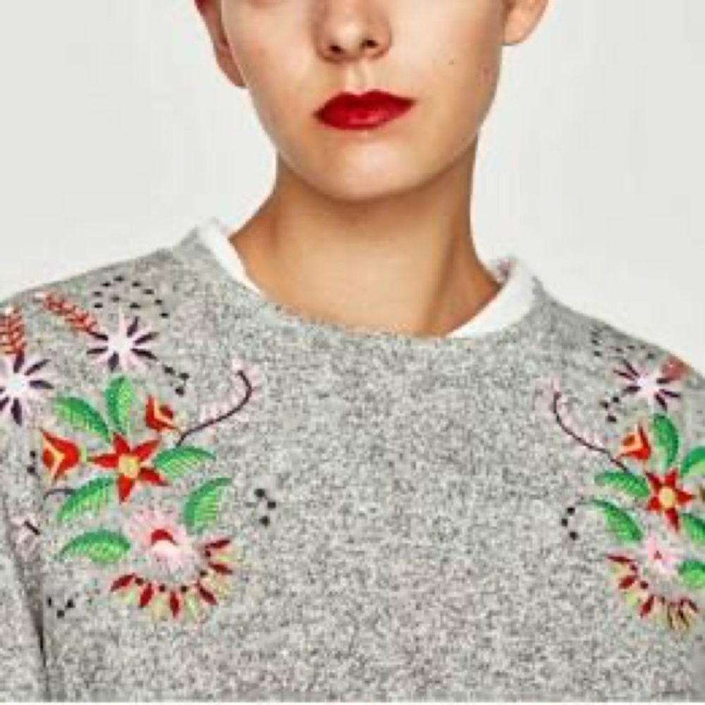 Zara Trafaluc Grey Embroidered Sweater